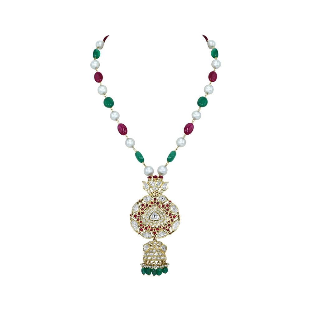 Green and Red Stone Necklace with Pearls and Polki Pendant